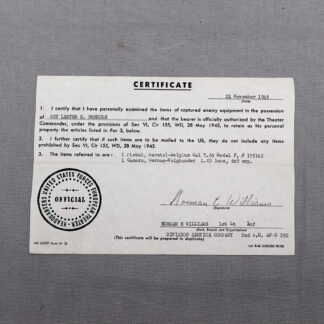 US Military War Trophies Certificate 1945 . FLU4870