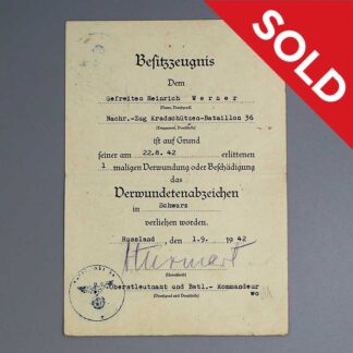 SOLD WW2 German Black Wound Badge Document 1942 . GD1059